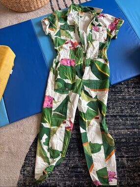 FARM Rio Green White Floral Utility Jumpsuit with Pink Accents